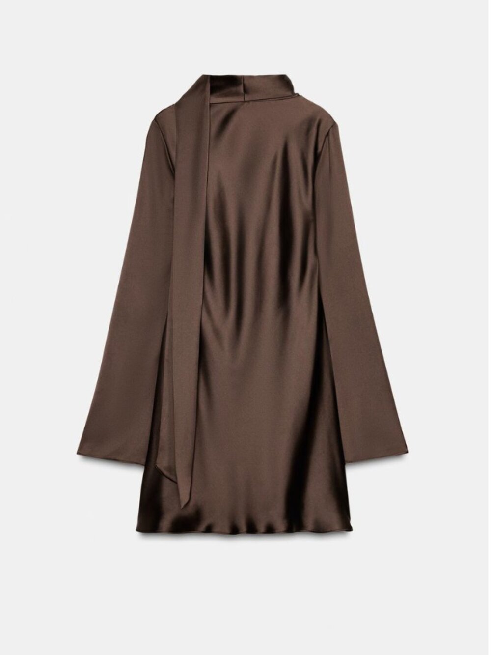 ZARA Satin Scarf Mini Dress VNeck Long Sleeve | Chocolate Brown | NWT | XS,S,M,L - Picture 5 of 15